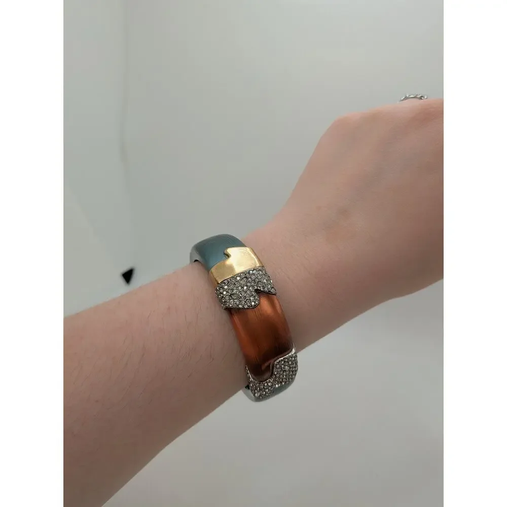 Alexis Bittar Blue and Orange Lucite Hinged Bracelet Goldtone and Crystals 7.5” - Picture 6 of 7